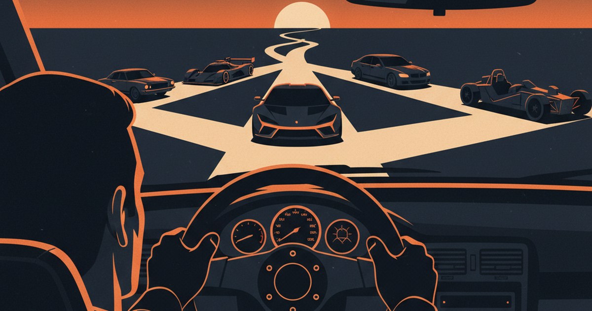 Illustration of a driver from behind, gazing at a branching road leading to many different car silhouettes on the horizon