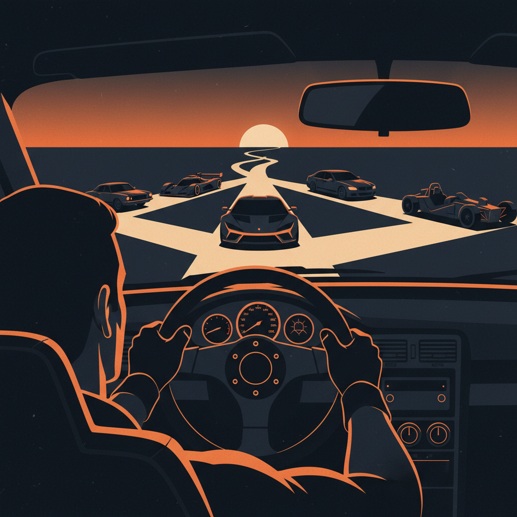 Illustration of a driver from behind, gazing at a branching road leading to many different car silhouettes on the horizon