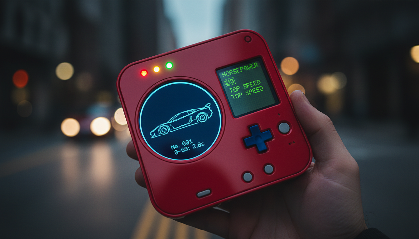 A Pokedex-styled handheld device showing a sports car silhouette on its screen, held up against a moody city street at dusk