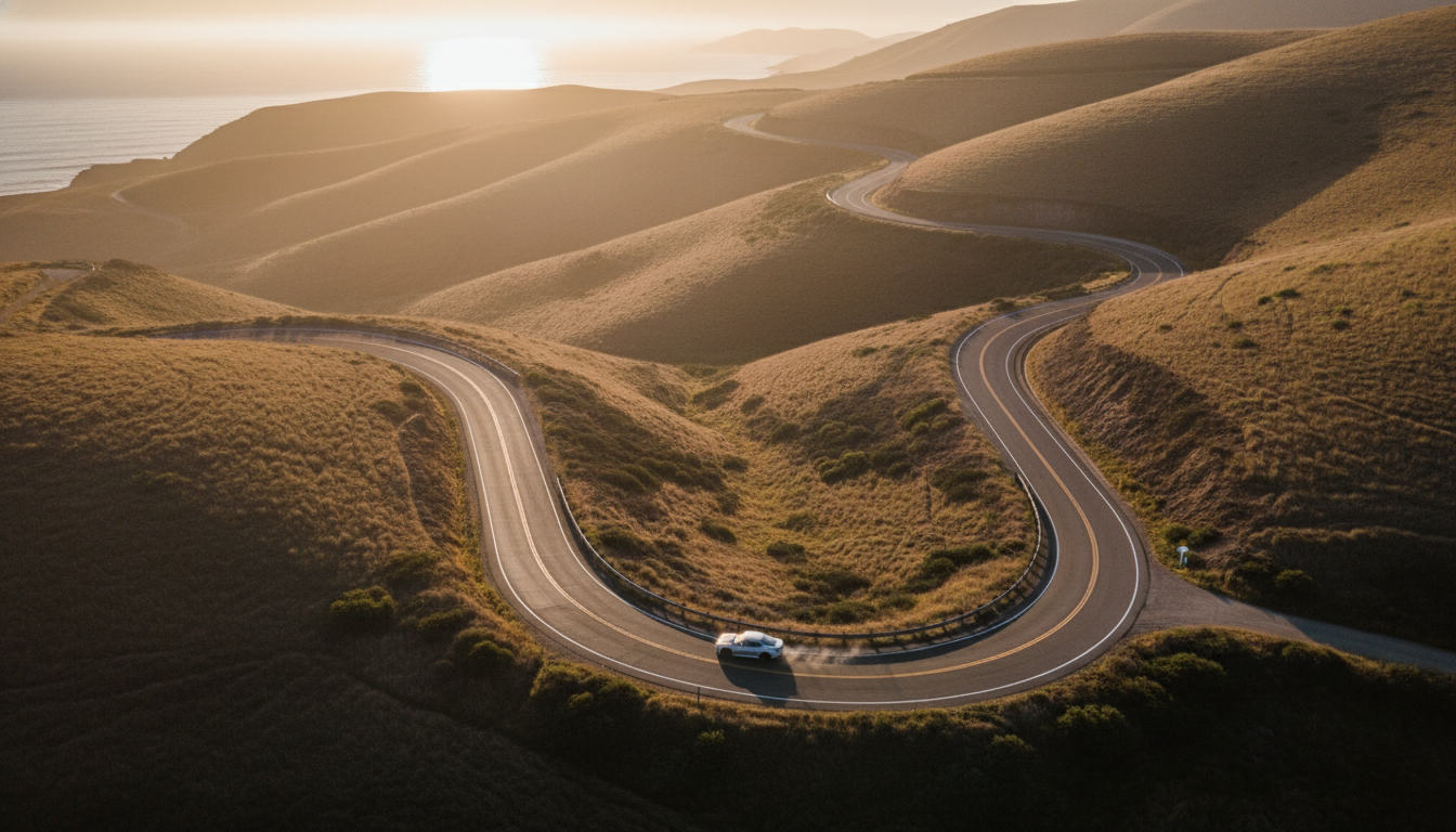 Aerial view of a ribbon of empty mountain road carving through golden hills at dawn, with a single sports car mid-corner