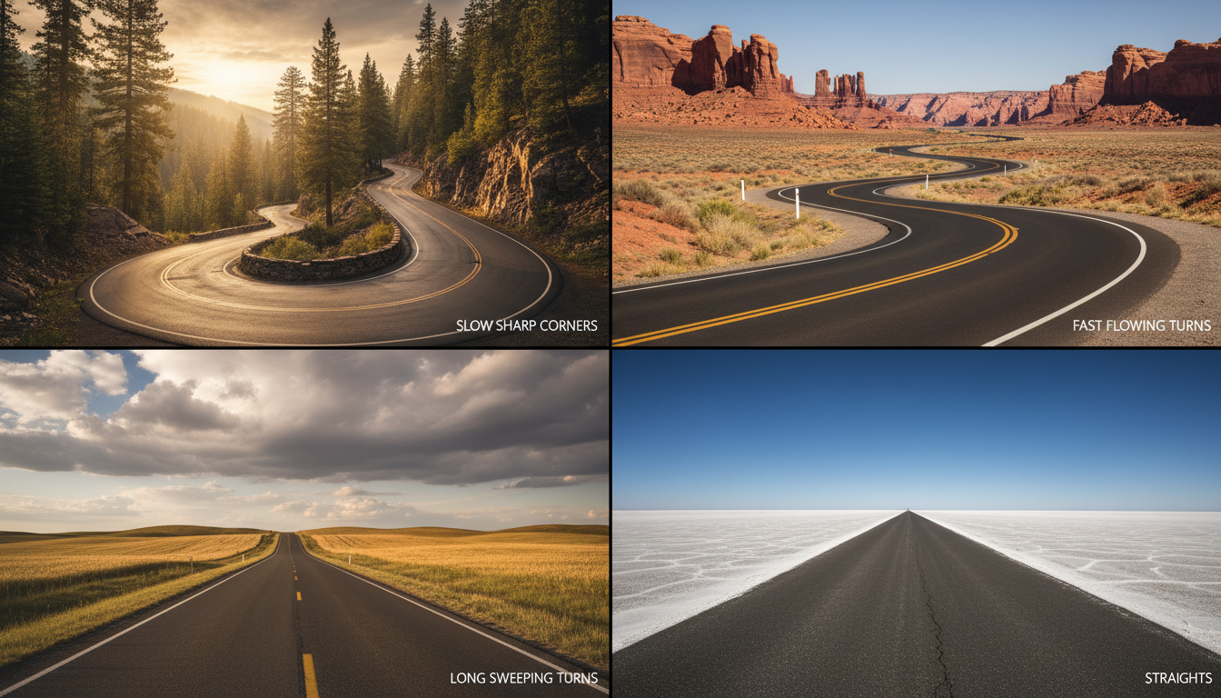 Four-panel grid showing four different road types: a tight forested hairpin, a fast flowing S-curve through red rock desert, a long sweeping two-lane through golden farmland, and a dead-straight road vanishing across an empty plain