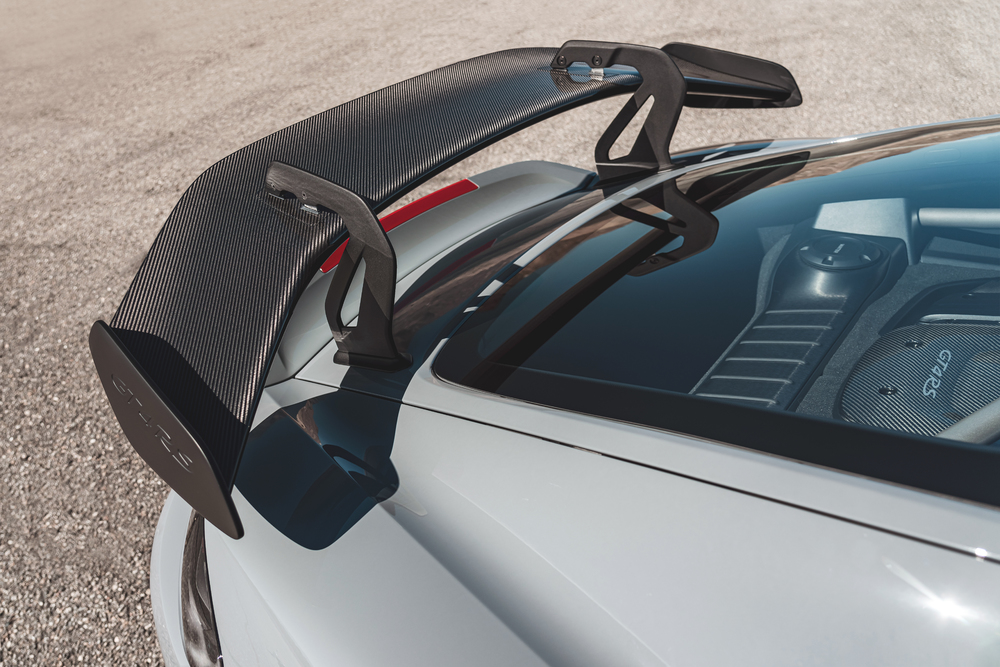 Porsche 718 GT4 RS rear view showing swan-neck wing
